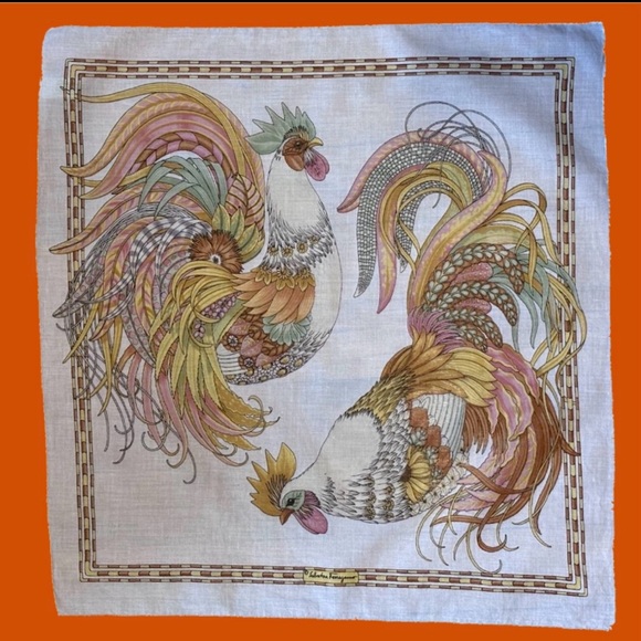 Salvatore Ferragamo Accessories - Vintage Italian Salvatore Ferragamo Scarf With 2 Colorful Roosters, 16.5”x17.5”